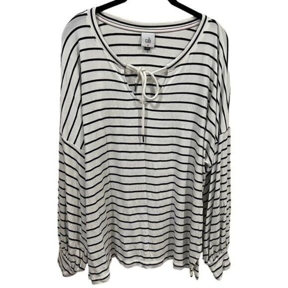 CAbi White and Black Striped Jersey Knit Long Sleeve Tiefront Size M - Picture 2 of 10